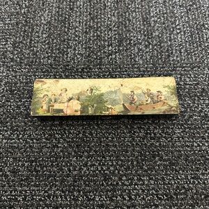 Antique ENAMELED PEN-PENCIL-ARTIST'S WOOD BOX Litho Lid w/ KIDS IN NATURE MOTIF